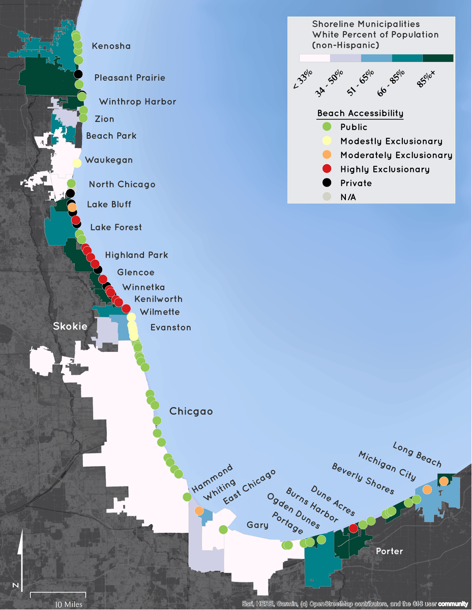 Map showing shoreline municipalities, white percent of population