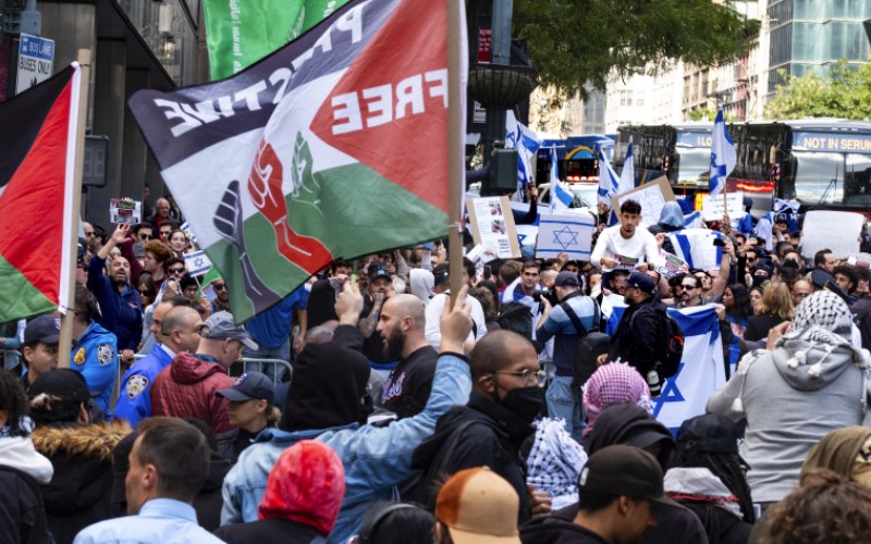 protesters holding flags