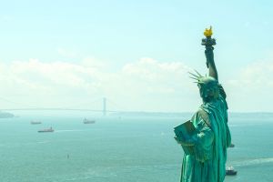 Aerial view of the Statue of Liberty in New York City. 