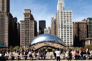 Crowds at Chicago's Cloud Gate in Millennium Park.