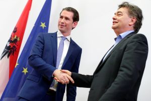 Head of Austria's Green Party Werner Kogler and Head of Peoples Party (OeVP) Sebastian Kurz shake hands after delivering a statement, as they start their negotiations for a coalition government in Vienna, Austria