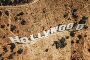 View of the Hollywood sign from above, in Los Angeles, California.