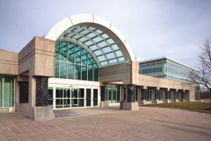 The entrance to the CIA New Headquarters Building (NHB) of the George Bush Center for Intelligence.