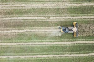 A field being tilled with a tractor. 