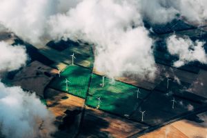 A field with renewable windmills. 