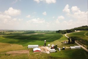 An aerial view of a rural farm community