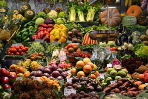 A shop inside Mercado de La Boqueria, in Barcelona with produce stands