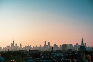 View from the west of the Chicago skyline at sunrise