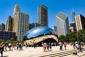 Cloud Gate, also known as "The Bean," sculpture in Chicago with people surrounding it.