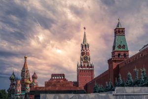 The Kremlin's Spassky Tower with storm clouds in the background