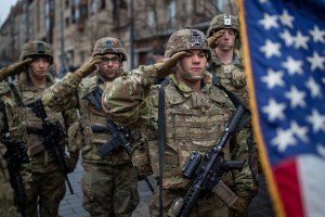 Members of the US Army attend a military parade ceremony in Lithuania