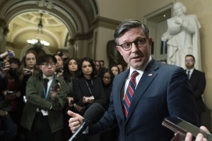 Mike Johnson speaks to reporters after a meeting with Volodymyr Zelenskyy