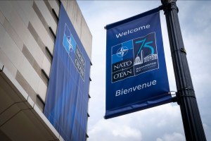 NATO signage is seen outside the Walter E. Washington Convention Center