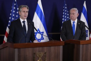 US Secretary of State Antony Blinken and Israel's Prime Minister Benjamin Netanyahu make statements to the media