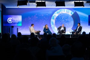 Marco López, Andrew Selee, Katie Tobin, and Clifford Young on stage at the Chicago Council on Global Affairs discussing how immigration is shaping elections around the world this year, including the US presidential election.  