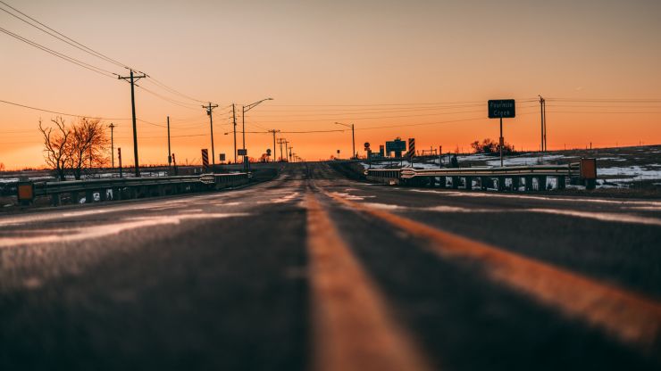 A view of a road going through a small town in Iowa