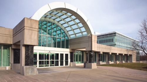 The entrance to the CIA New Headquarters Building (NHB) of the George Bush Center for Intelligence.