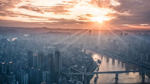 City skyline at sunset