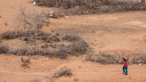 People walk in the distance across drylands