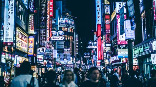 View of a busy Tokyo at night time.