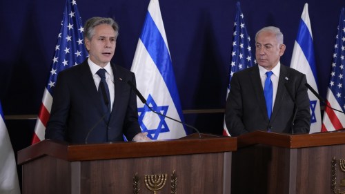 US Secretary of State Antony Blinken and Israel's Prime Minister Benjamin Netanyahu make statements to the media