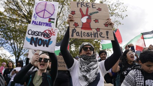 People hold signs calling for a ceasefire in Gaza