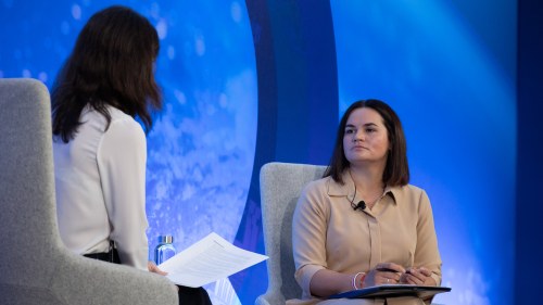 A conversation with Belarusian opposition leader Sviatlana Tsikhanouskaya and Juliet Sorensen as they discuss the country’s struggle for democracy on stage at the Chicago Council on Global Affairs.