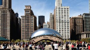 Crowds at Chicago's Cloud Gate in Millennium Park.