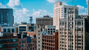 Buildings seen in Detroit, Michigan.