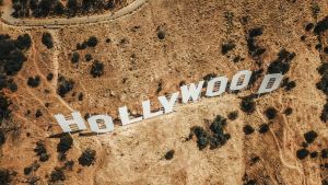 View of the Hollywood sign from above, in Los Angeles, California.