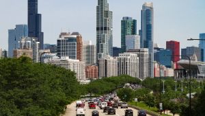 Photo of Northbound Lake Shore Drive looking North to Chicago Skyline.