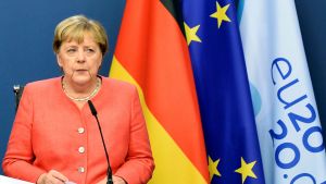 Angela Merkel speaking at a news conference