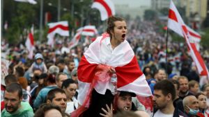  Protesters gather near Independence Palace, residence of Belarusian President Alexander Lukashenko, in Minsk on Sept. 6