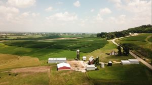 An aerial view of a rural farm community