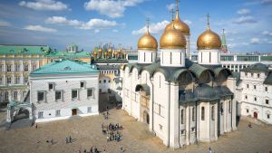 Aerial view of the Dormition Cathedral in Moscow, Russia