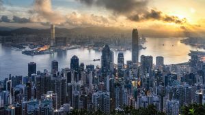 View of Hong Kong's skyline at sunset