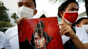 Protestors take to the streets in Yangon to protest a military coup. 