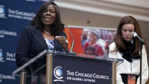 A woman speaks on stage during the 2014 Global Health Symposium