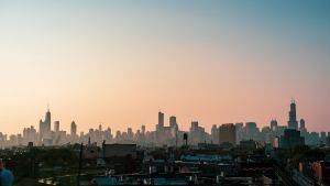 View from the west of the Chicago skyline at sunrise