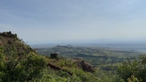 View from a grassy mountain, with a blue sky in the background