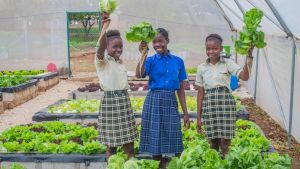 Girls hold vegetables