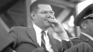 A black and white photo of Robert McNamara, who was secretary of defense under Presidents John Kennedy and Lyndon Johnson.