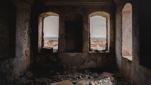 A front view of bombarded house in Iraqi rural area