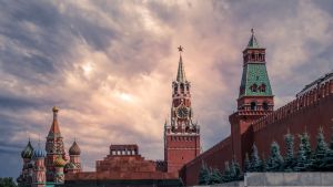 The Kremlin's Spassky Tower with storm clouds in the background