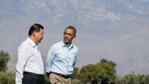 President Barack Obama and President Xi Jinping of the People's Republic of China walk on the grounds of the Annenberg Retreat at Sunnylands in Rancho Mirage, Calif.