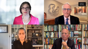 Screenshot of Ivo Daalder, Mary Elise Sarotte, Fiona Hill, and Richard Haass.