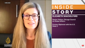 Screen shot of Elizabeth Shackelford on Al Jazeera's Inside Story.