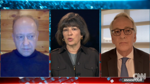 Screenshot of Ivo Daalder, Andrey Kortunov, and Christiane Amanpour.