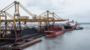 Ships wait at a pier at the port of Constanta, the largest port of the Black Sea.