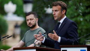 Ukrainian President Volodymyr Zelenskyy and French President Emmanuel Macron speak at a press conference in Kyiv, Ukraine on June 16, 2022.